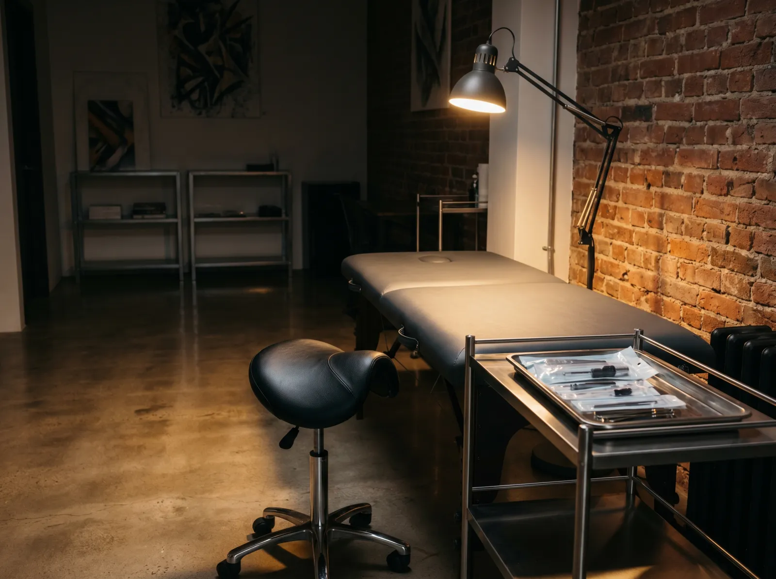 Tattoo-Studio mit Sattelhocker und Behandlungsliege